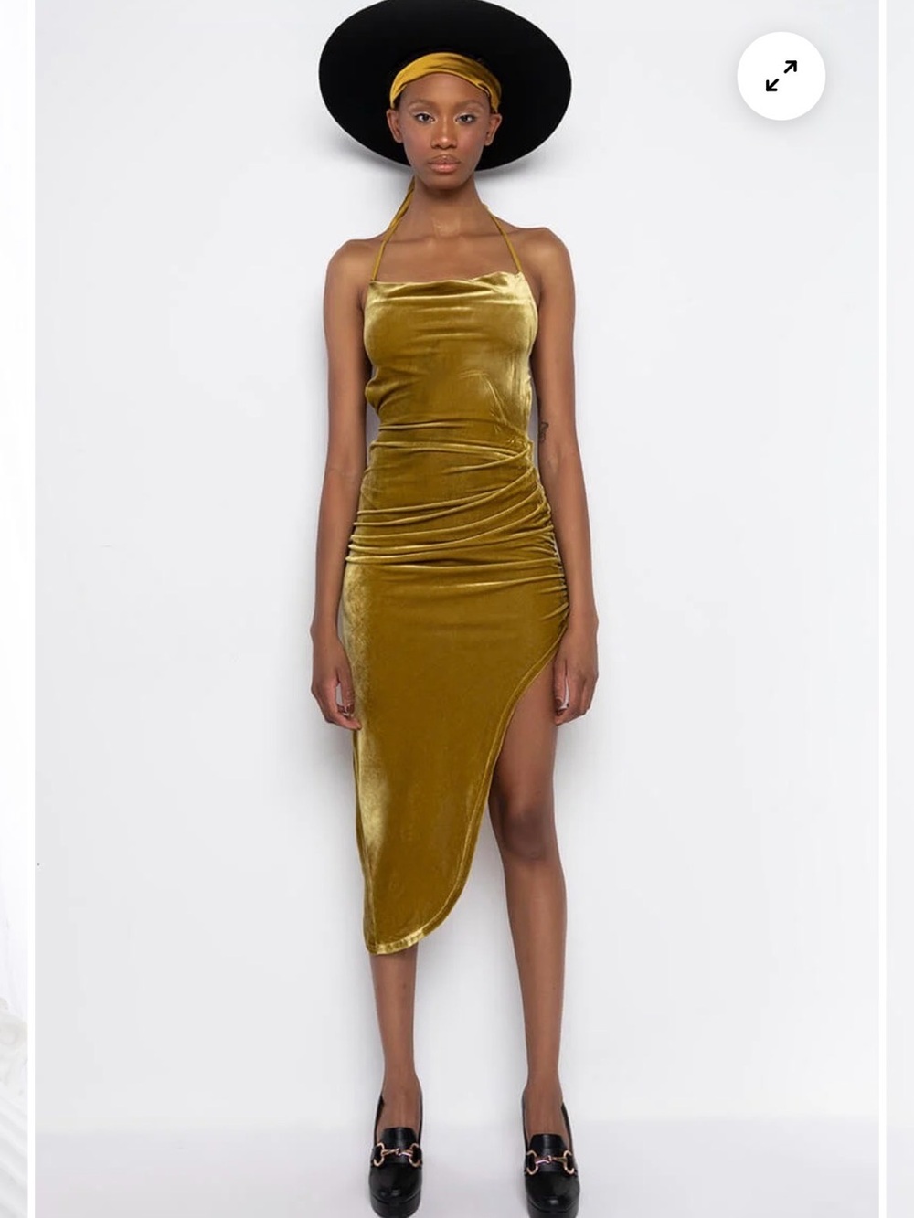 AKIRA Olive Gold Velvet Halter Asymmetrical Dress
